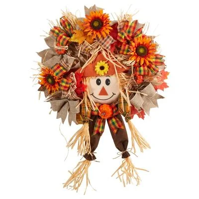 30" Scarecrow Fall Artificial Autumn Wreath with Sunflower, Pumpkin and Decorative Bows