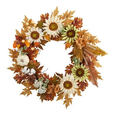 30" Autumn Sunflower, White Pumpkin and Berries Artificial Fall Wreath