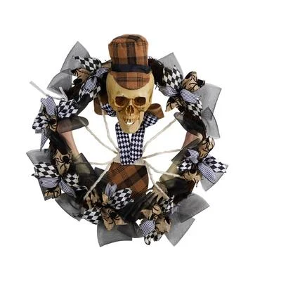 24" Halloween Skull in Plaid Mesh Wreath