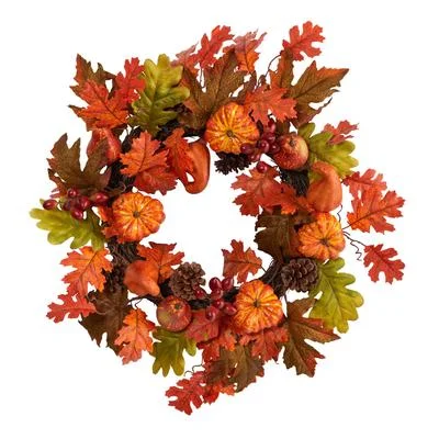 20" Autumn Assorted Maple Leaf, Pumpkin Gourd, Pinecone and Berry Artificial Fall Wreath