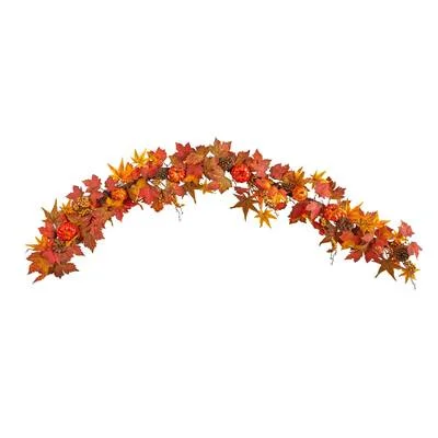 6'Autumn Maple Leaf, Pumpkin, Gourd and Berry Artificial Fall Garland