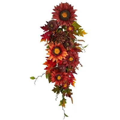 35" Autumn Sunflower, Pumpkin and Berries Artificial Teardrop