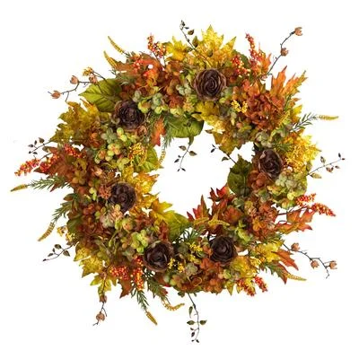 32" Fall Hydrangea, Ranunculus and Maple Leaf Autumn Artificial Wreath