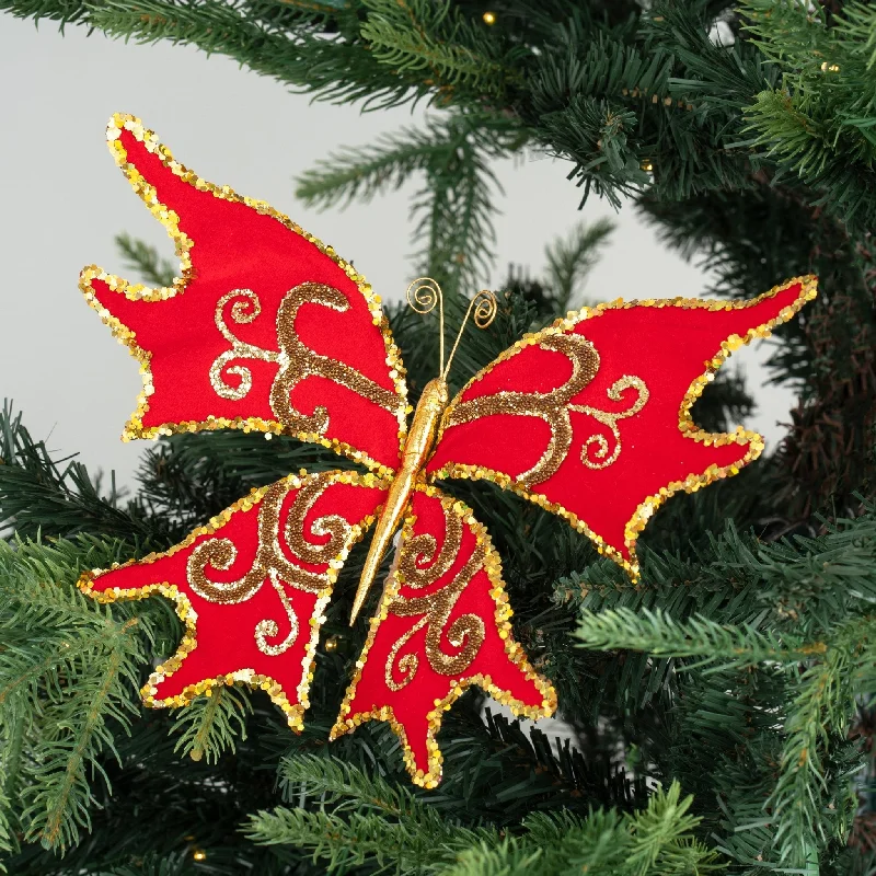 Christmas Party Red & Antique Gold Butterfly Clip-on Ornament