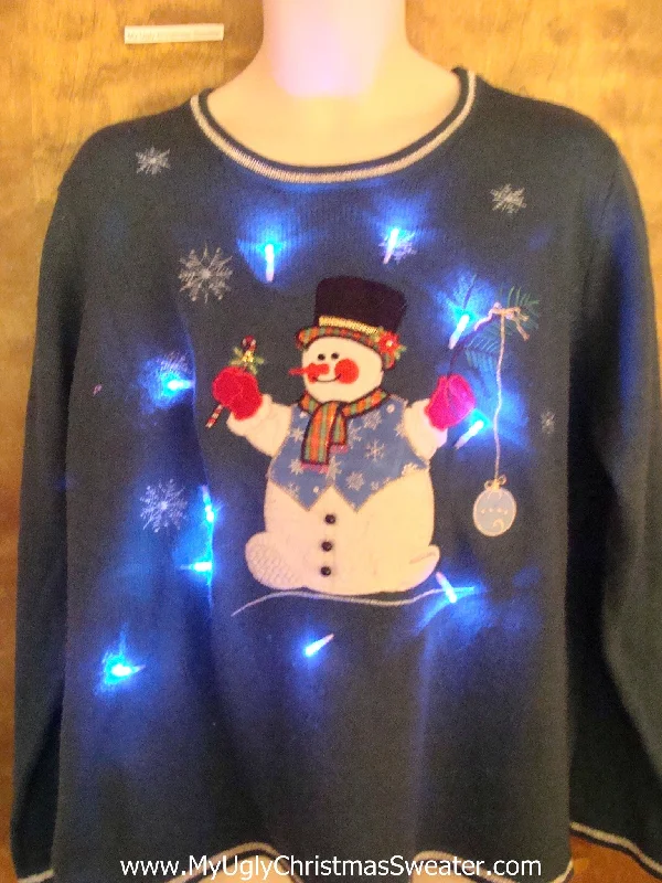 Christmas Cheerful Holiday Atmosphere Red Cheeked Snowman Light Up Ugly Xmas Sweater