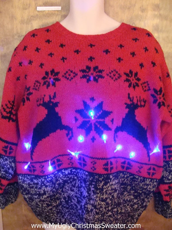 Christmas Crackling Bonfire Red Classic Leaping Reindeer Light Up Ugly Xmas Sweater