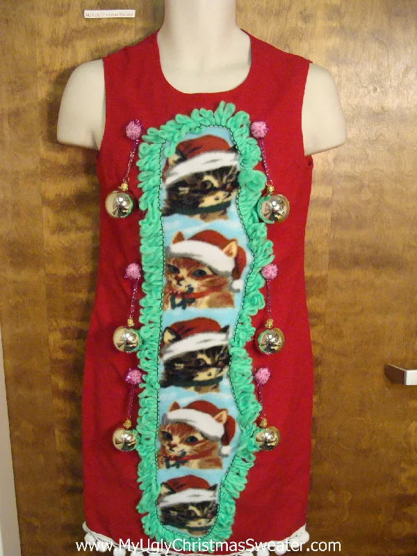 Christmas Pinecones Red Funny Cat Themed Ugly Christmas Sweater Party Dress Size 6