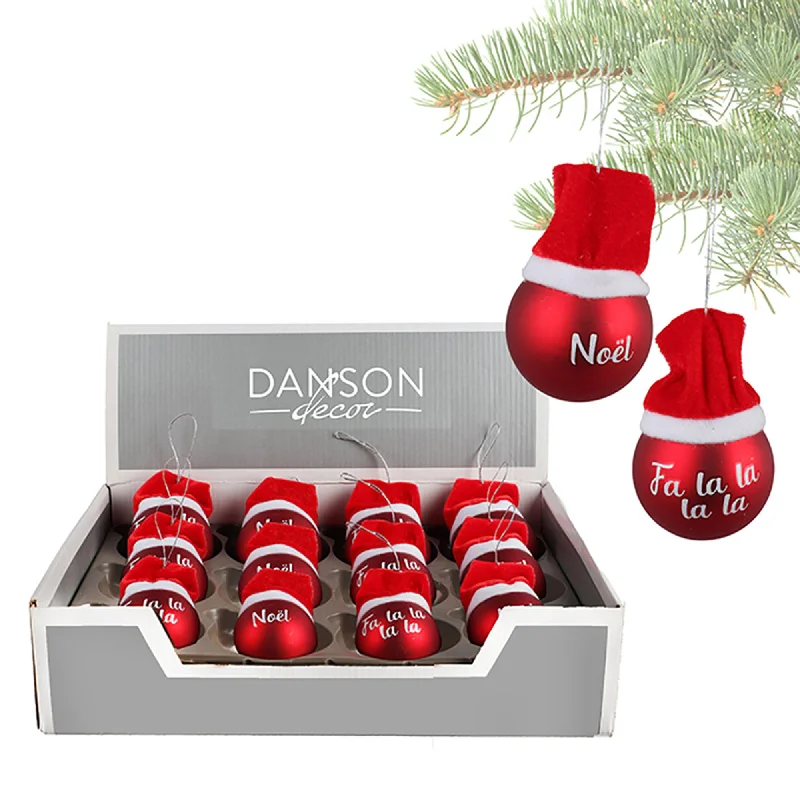 Christmas Family Traditions Red Glass Christmas Ball with Fabric Santa Hat, French Version, Assortment, 1 Count