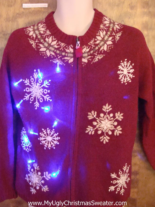 Christmas Gift Wrapping Fun Red Nordic Snowflakes Light Up Ugly Xmas Sweater