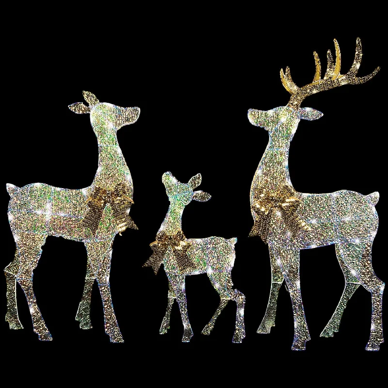 Christmas Celebration Reindeer Family Acrylic Iridescent Sculpture with Built-In LED Lights Christmas Outdoor Yard Decorations