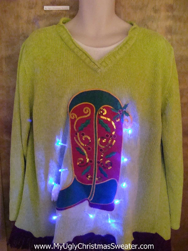 Christmas Pine Tree Ride em Cowboy Light Up Ugly Xmas Sweater with Fringe 3XL