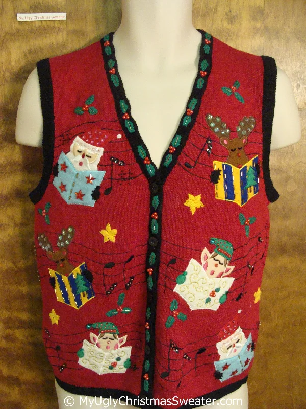 Christmas Festive Night Lights Santa and Elves Carolling Ugly Christmas Sweater Vest Christmas Festive Night Lights Santa and Elves Carolling Ugly Christmas Sweater Vest