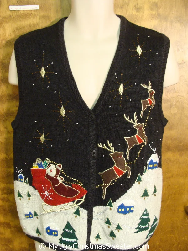 Christmas Day Santa and Flying Reindeer Christmas Sweater Vest