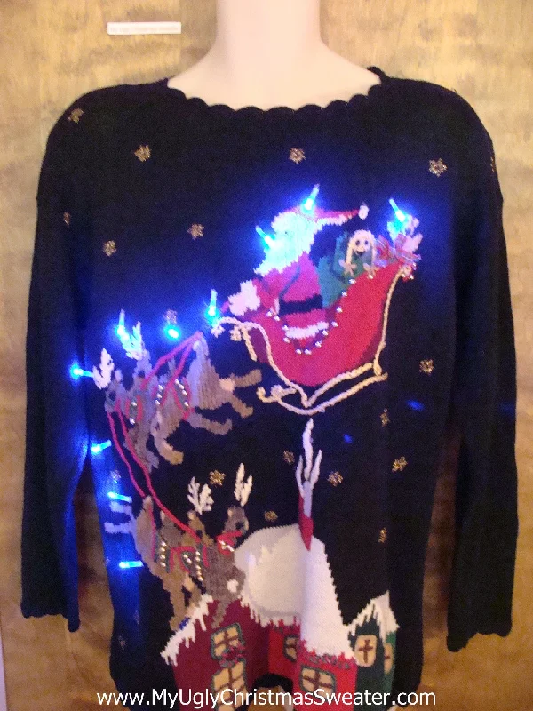Christmas Homemade Gingerbread Santa and Reindeer Landing on a House Light Up Ugly Xmas Sweater