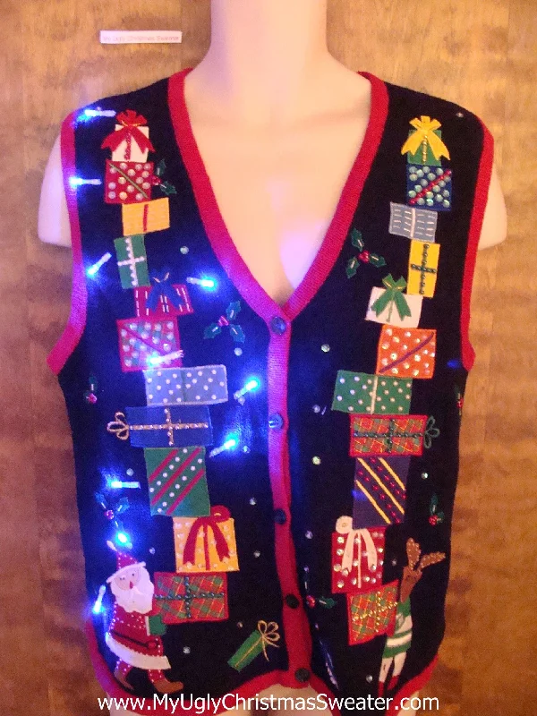 Christmas Storytelling Around Fire Santa and Reindeer with Gifts Light Up Ugly Xmas Sweater Vest Christmas Storytelling Around Fire Santa and Reindeer with Gifts Light Up Ugly Xmas Sweater Vest