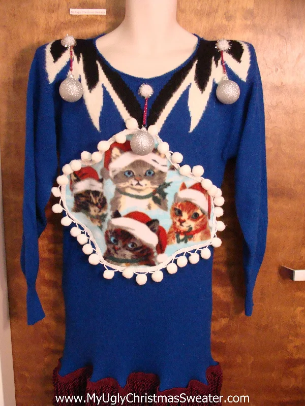 Christmas Night Santa Cats 80s Ugly Christmas Sweater Party Dress Size M
