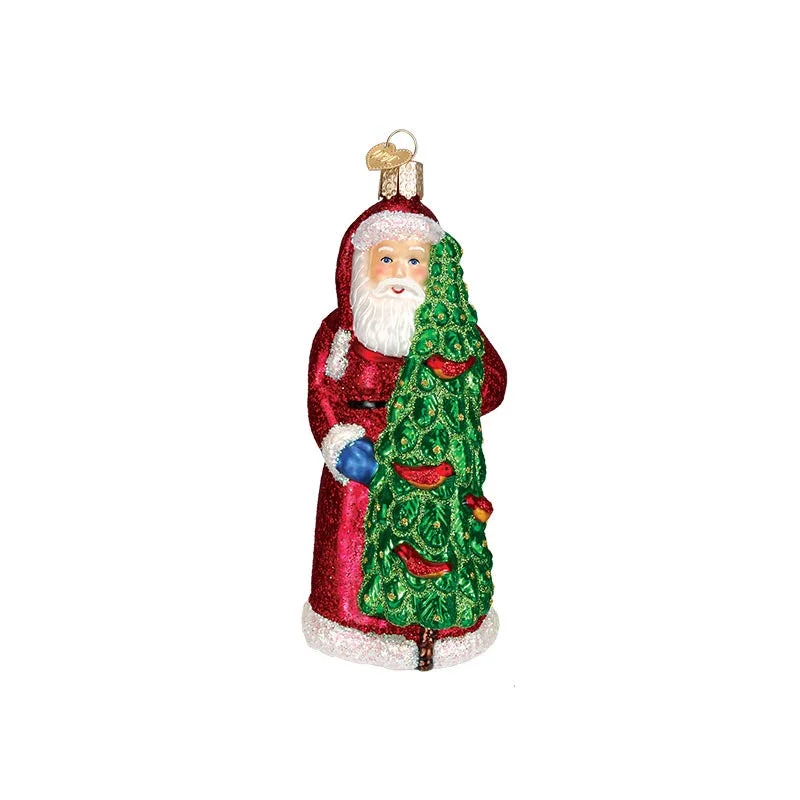 Christmas Snowflakes Santa with Cardinals in a Tree Glass Ornament