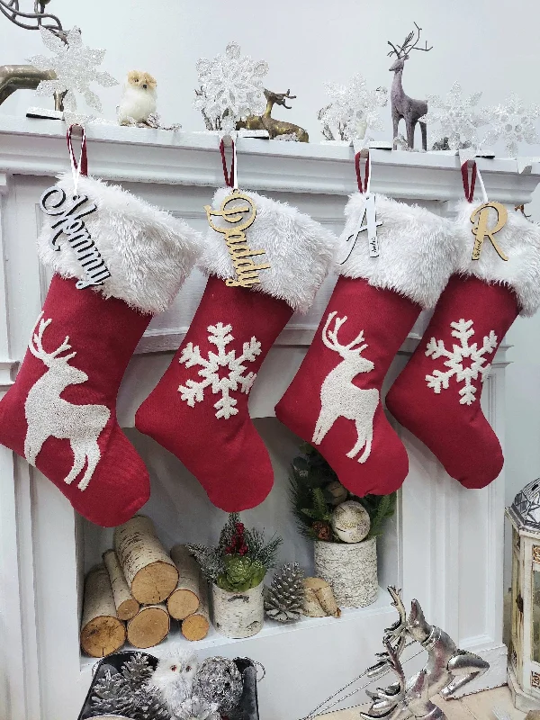 Christmas Traditional Holiday Feasts Scandi Personalized Christmas Stockings Red White Snowflake and Deer with elegant yet simple texture for Holidays.