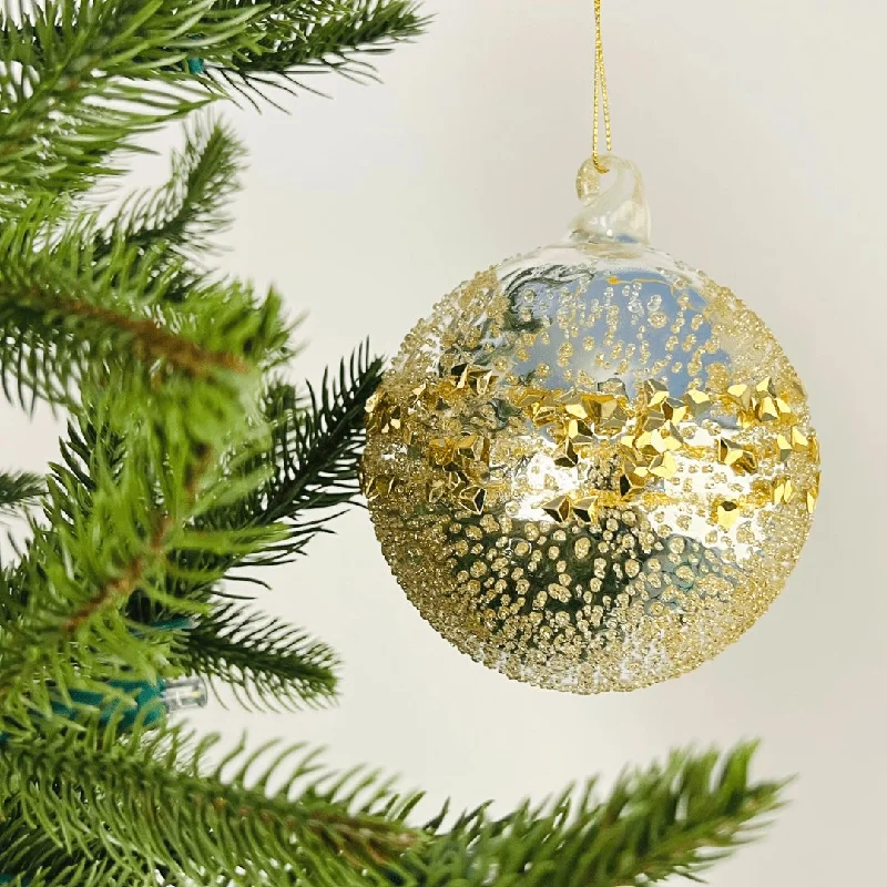 Christmas Enchanted Night Sky Silver Metallic Ball Ornament with Gold Sugar Beads