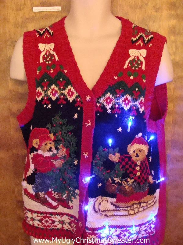 Christmas Market Skiing Bears Tacky Light Up Ugly Xmas Sweater Vest