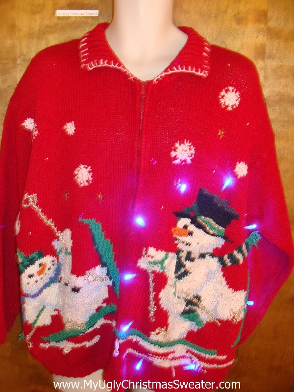 Christmas Holly Berry Wreaths Skiing Snowmen Light Up Ugly Xmas Sweater