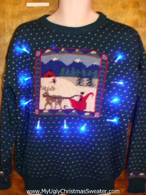 Christmas Jolly Time Sleigh and Reindeer Snowy Light Up Ugly Xmas Sweater