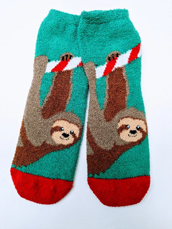 Christmas Bells Fuzzy Sloth Candy Cane Low Crew Socks