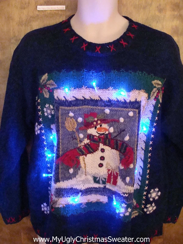 Christmas Festive Night Lights Snow Scene Snowman Framed Light Up Ugly Xmas Sweater