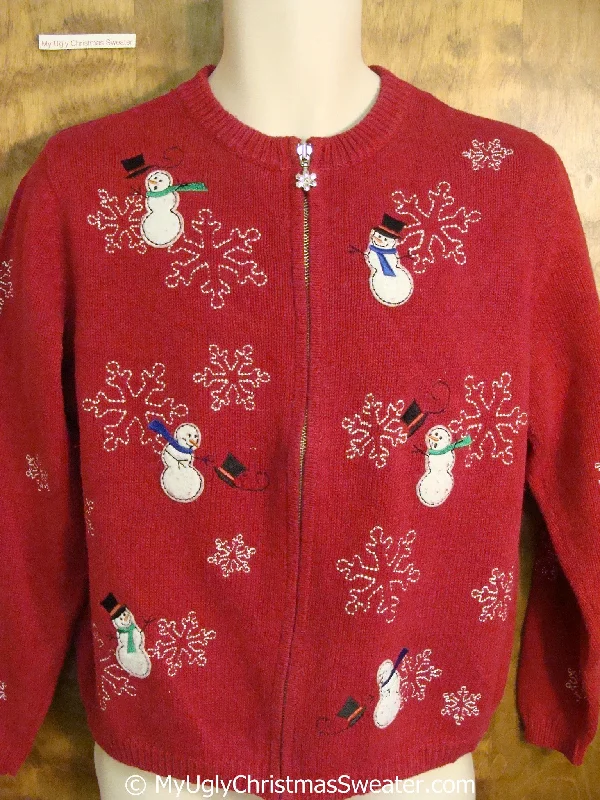 Christmas Holly Berry Wreaths Snowmen in the Wind Red Ugly Christmas Sweater