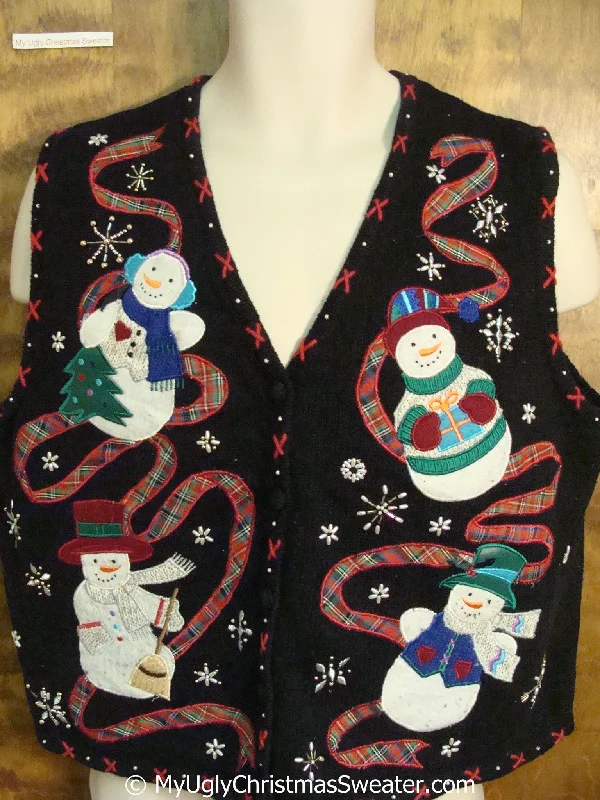 Holiday Fun Snowmen with Plaid Ribbon Cheap Christmas Sweater Vest