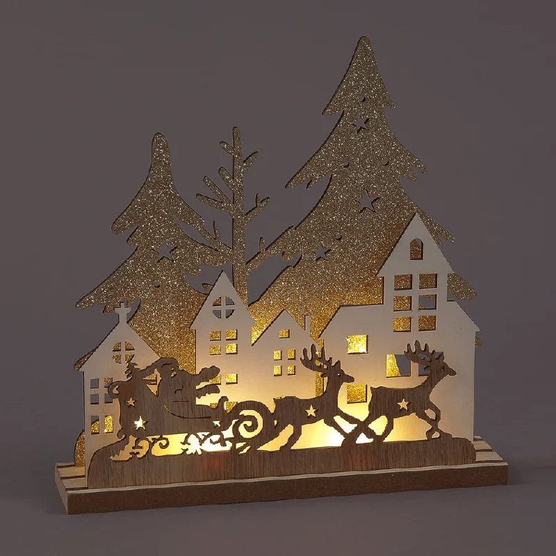 Christmas Twinkling Festive Lights Snowtime 20cm Wooden Village With Santa & Sleigh