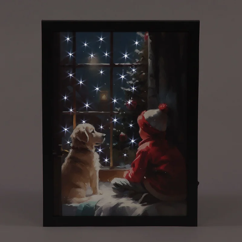Christmas Mistletoe Snowtime LED Framed Canvas Puppy & Child