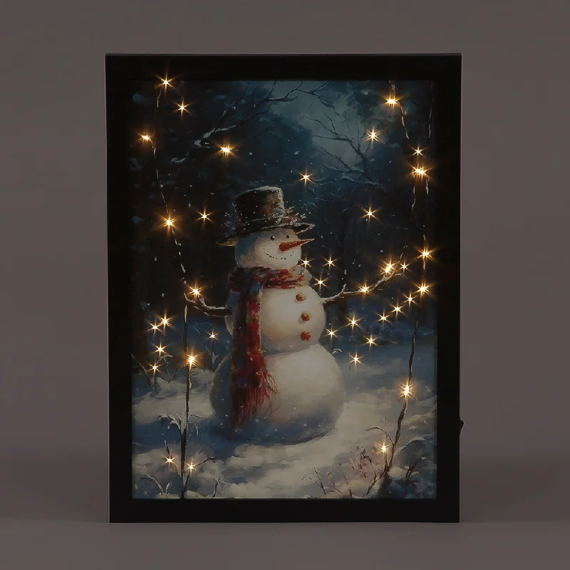 Holiday Treats Snowtime LED Framed Canvas Snowman In Hat & Scarf