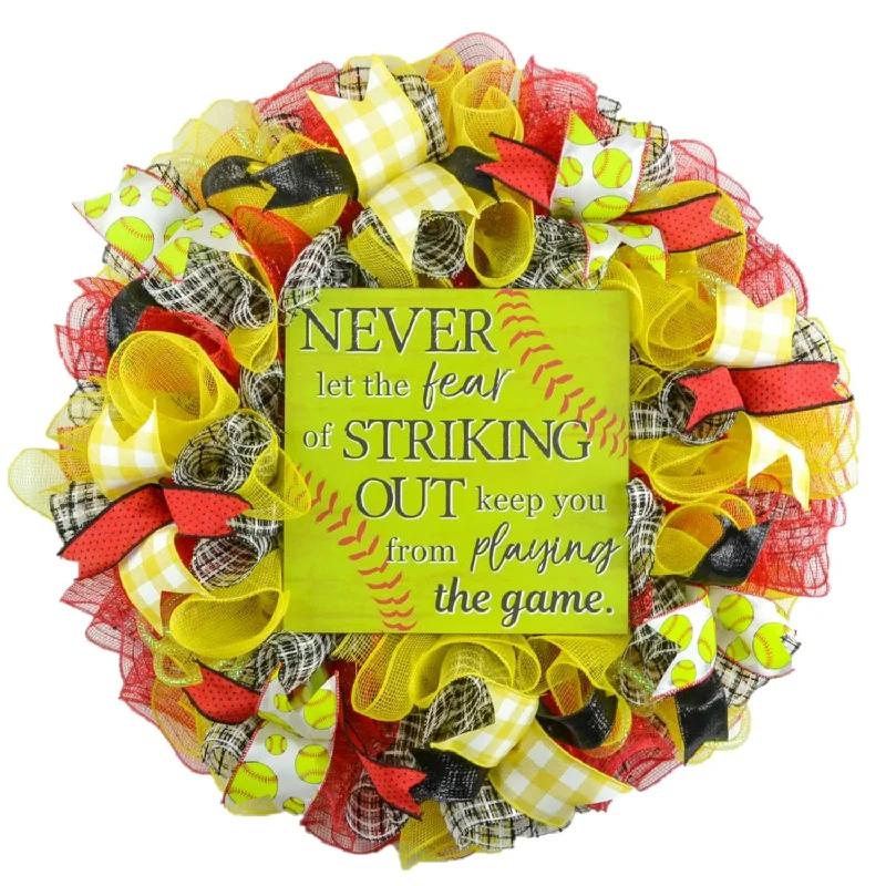Christmas Gifts Softball Soft Ball Mesh Door Wreath; Red Yellow Black Stitching