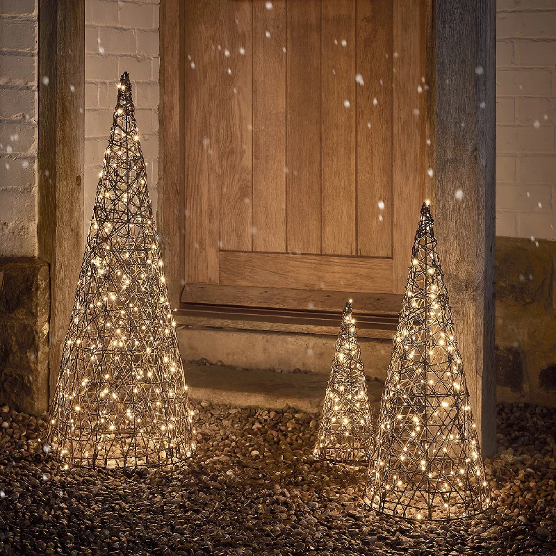 Christmas Midnight Fun Studley Rattan Cone Outdoor Christmas Decoration Trio