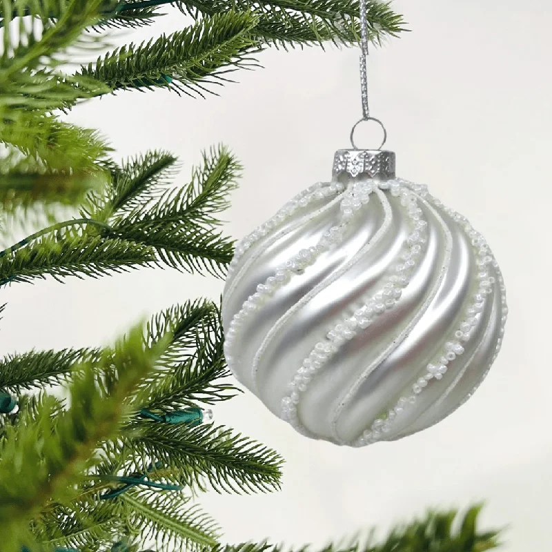 Christmas Cheer Matte White Ball Ornament with White Beads