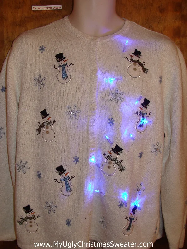 Christmas Winter Forest Walks Sweet Cute Happy Snowmen Light Up Ugly Xmas Sweater