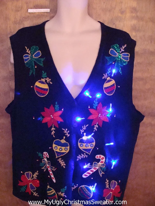 Christmas Baking Tacky Poinsettia and Ornaments Light Up Ugly Xmas Sweater Vest
