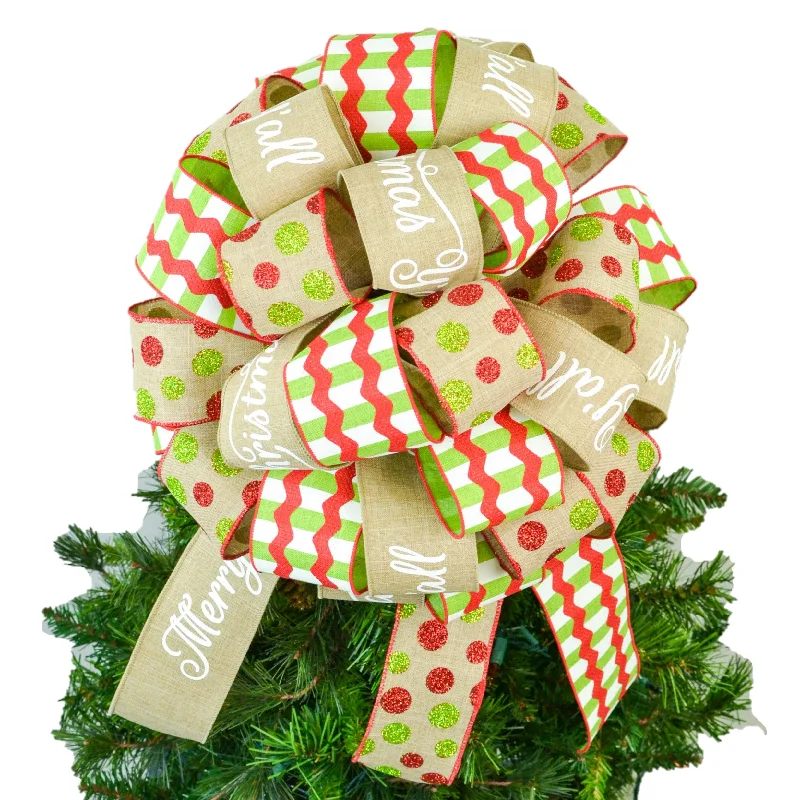 Christmas Nostalgic Festive Times Christmas Tree Bow with Tails | Red Lime Green Burlap | Large Present Bow Christmas Nostalgic Festive Times Christmas Tree Bow with Tails | Red Lime Green Burlap | Large Present Bow