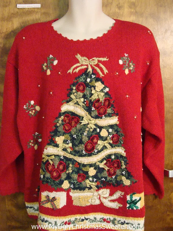 Christmas Crackling Wood Fire Ugly 80s Christmas Sweater with Festive Tree