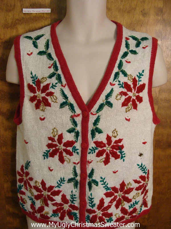Holiday Lights Ugly Christmas Jumper Vest with Poinsettias