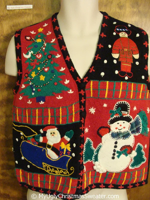 Christmas Cozy Winter Nights Ugly Christmas Sweater Vest with Nutcracker, Santa, Tree and Snowman Christmas Cozy Winter Nights Ugly Christmas Sweater Vest with Nutcracker, Santa, Tree and Snowman