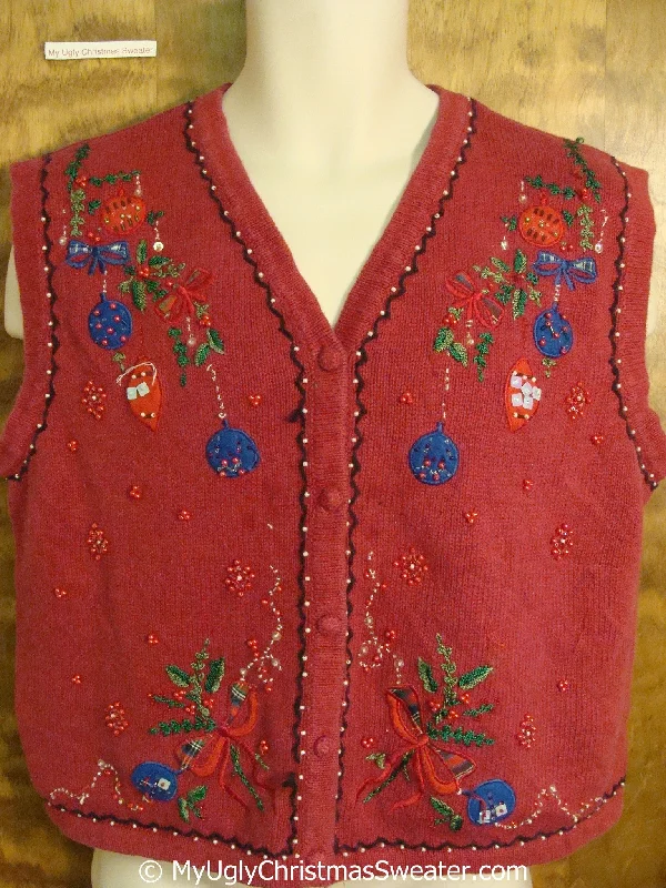 Christmas Festive Wonderland Ugly Red Christmas Sweater Vest with Colorful Ornaments Christmas Festive Wonderland Ugly Red Christmas Sweater Vest with Colorful Ornaments