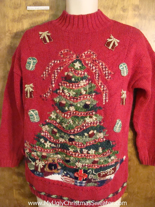 Christmas Family Holiday Movie Night Ugly Red Christmas Sweater with Tree