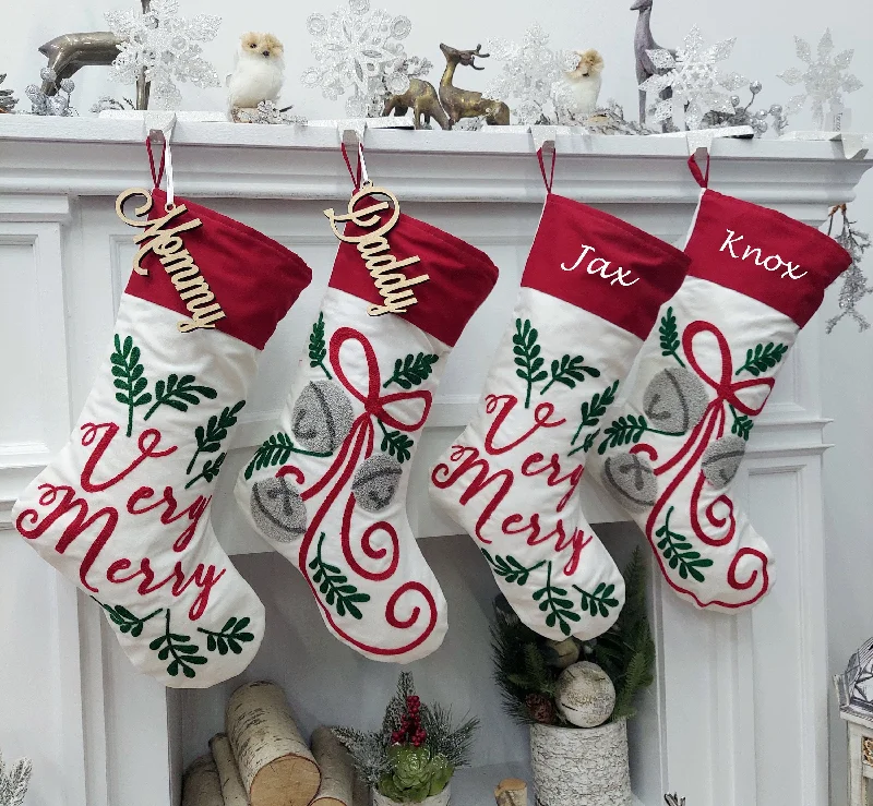 Christmas Shopping Very Merry | Jingle Bells | Christmas Stockings | Red White Green Classic Xmas Holly Ribbon Festive Decor Personalized Embroidered Name Tag Christmas Shopping Very Merry | Jingle Bells | Christmas Stockings | Red White Green Classic Xmas Holly Ribbon Festive Decor Personalized Embroidered Name Tag