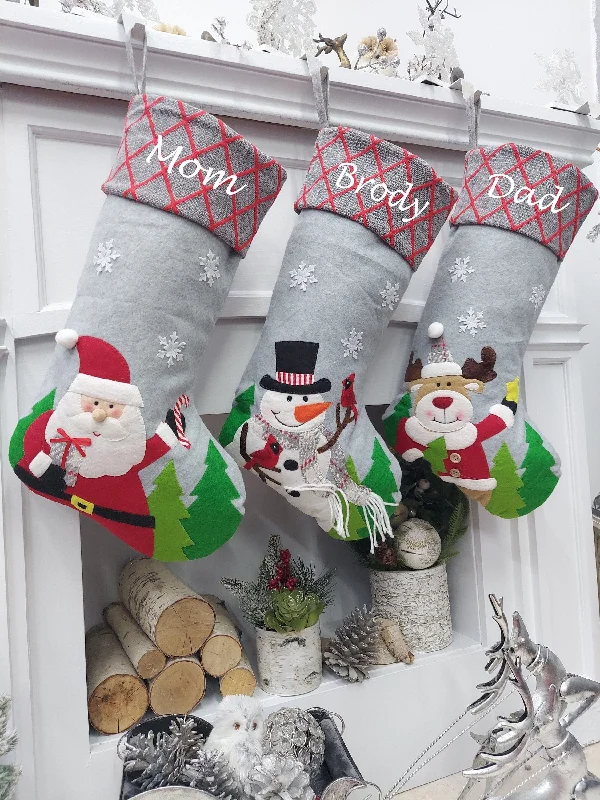 Christmas Decor Whimsical Santa Snowman Reindeer Grey Christmas Stockings | Festive Winter Kids Personalized Christmas Stockings Embroidered Name Wood Tag Christmas Decor Whimsical Santa Snowman Reindeer Grey Christmas Stockings | Festive Winter Kids Personalized Christmas Stockings Embroidered Name Wood Tag