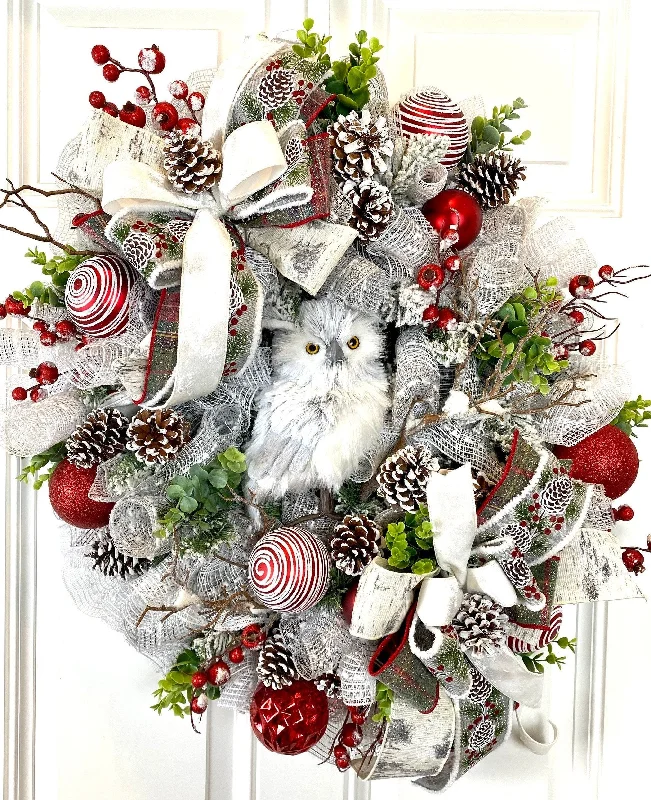 Christmas Lights Winter Owl Wreath, Woodland Decor