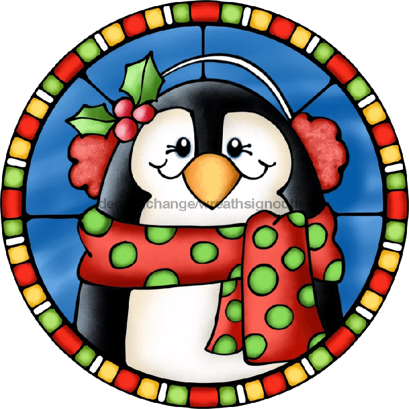 Christmas Snowflakes Wreath Sign, Penguin Sign, Winter Sign, Stained Glass, DECOE-1114, Sign For Wreath