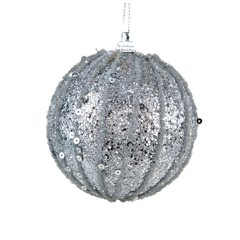 Christmas Holiday Fun Christmas Bauble, Silver Sequins Stripes #48- 8cm