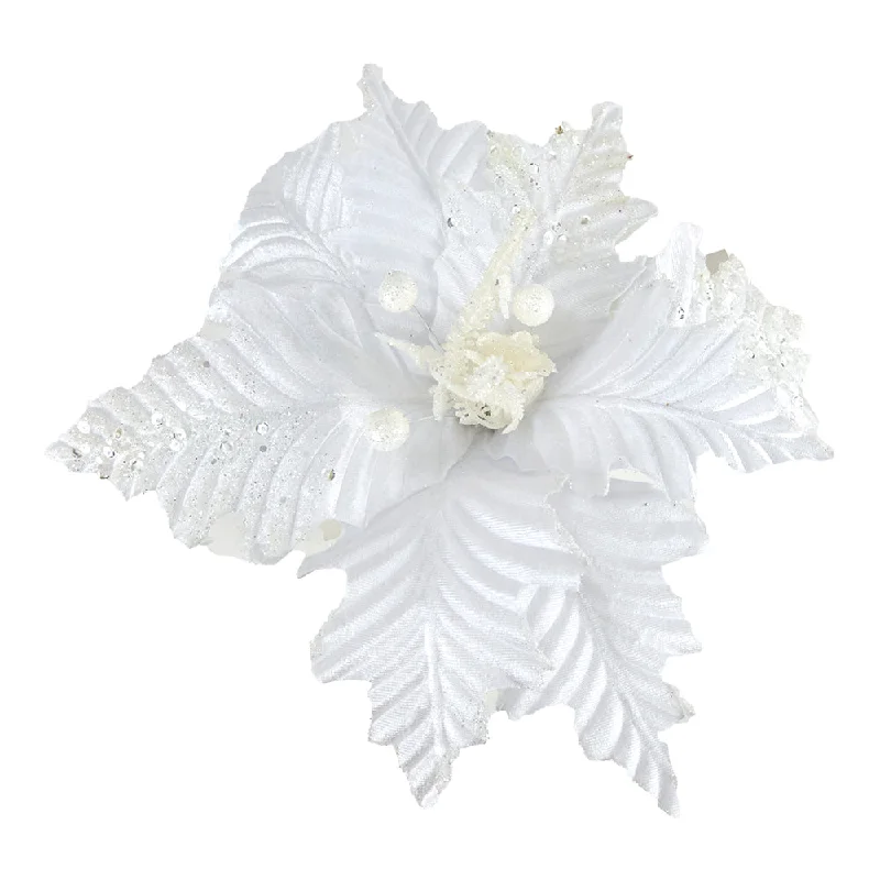 Christmas Cozy Warm Blankets Christmas Clip On Poinsettia, White Silver Glitter